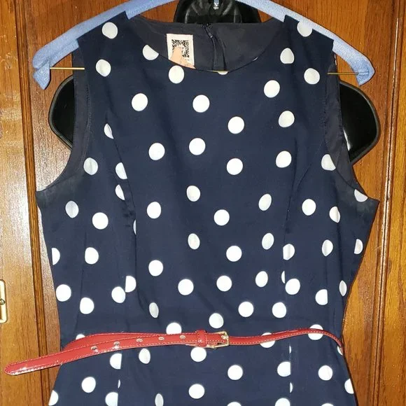 princess polly baby blue dress Anne Klein Navy Blue Polka Dot Sleeveless Belted Dress Sz10 with Zipper  accents